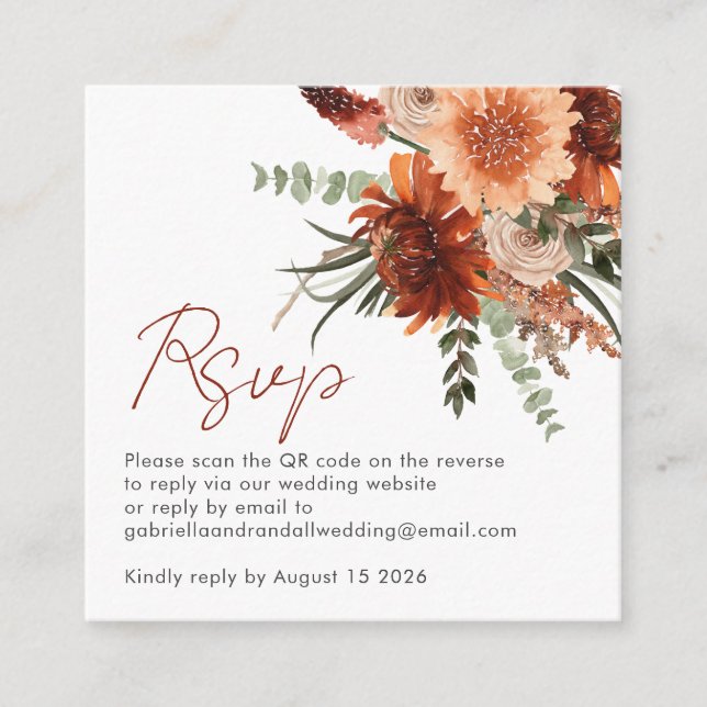 Carte D'accompagnement Code QR moderne rouille Terracotta mariage floral  (Devant)