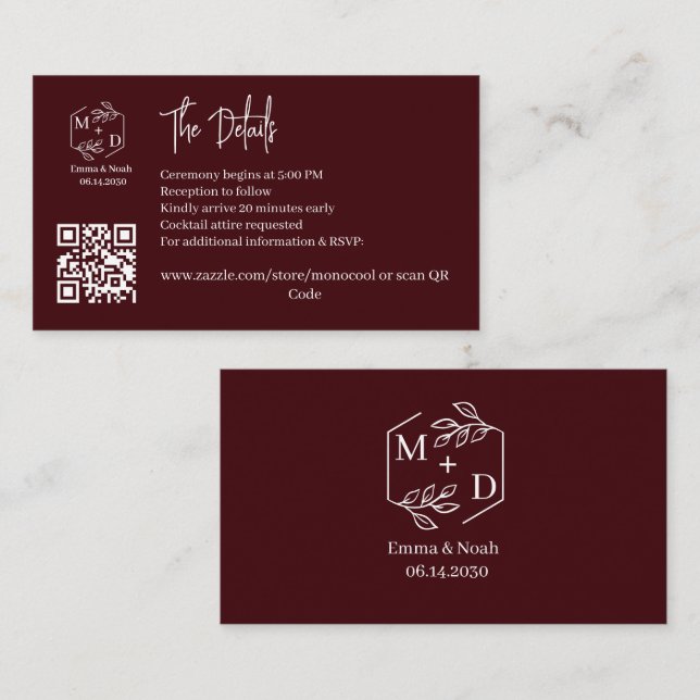 Carte D'accompagnement Code QR Monogramme Minimal Détails Mariage Bordeau (Devant / Derrière)