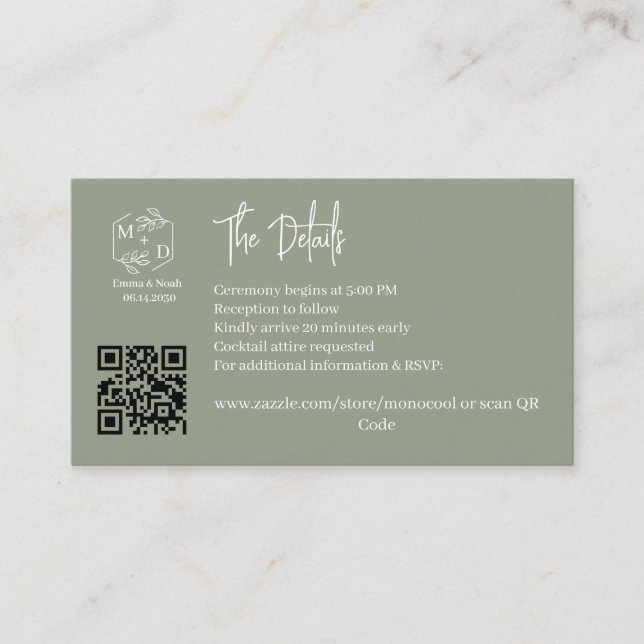 Carte D'accompagnement Code QR Monogramme Minimal Détails Mariage SageVer (Devant)