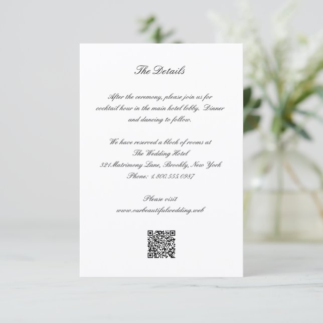Carte D'accompagnement Code QR noir et blanc classique Mariage intemporel (Debout devant)