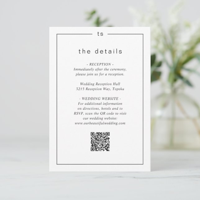 Carte D'accompagnement Code QR noir et blanc intemporel Mariage moderne (Debout devant)