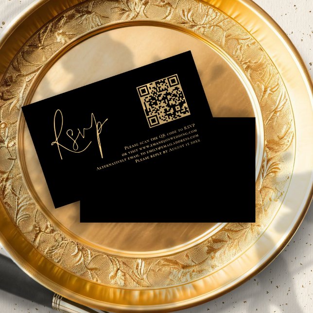Carte D'accompagnement Code QR noir Gold Script Mariage RSVP (Front and back view)