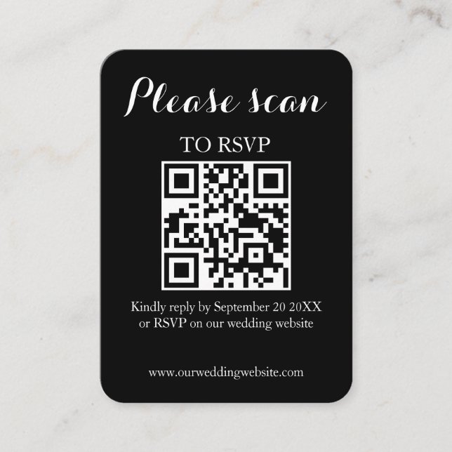 Carte D'accompagnement Code QR noir simple moderne et RSVP de mariage (Devant)