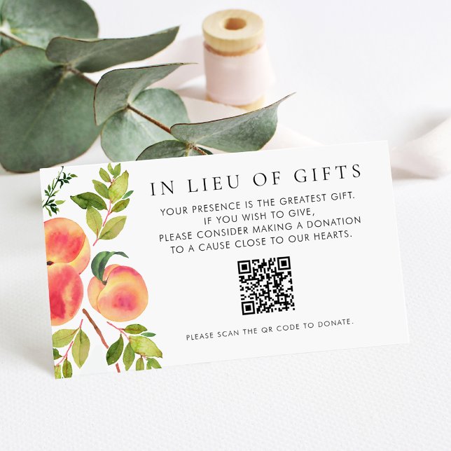 Carte D'accompagnement Code QR Péches à l'aquarelle au lieu de cadeaux (A charming peach and greenery card for sharing your in lieu of gifts wishes.)