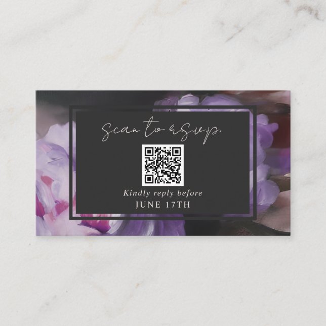 Carte D'accompagnement Code QR Réponse Dramatique Mariage Fleurs Violette (Devant)