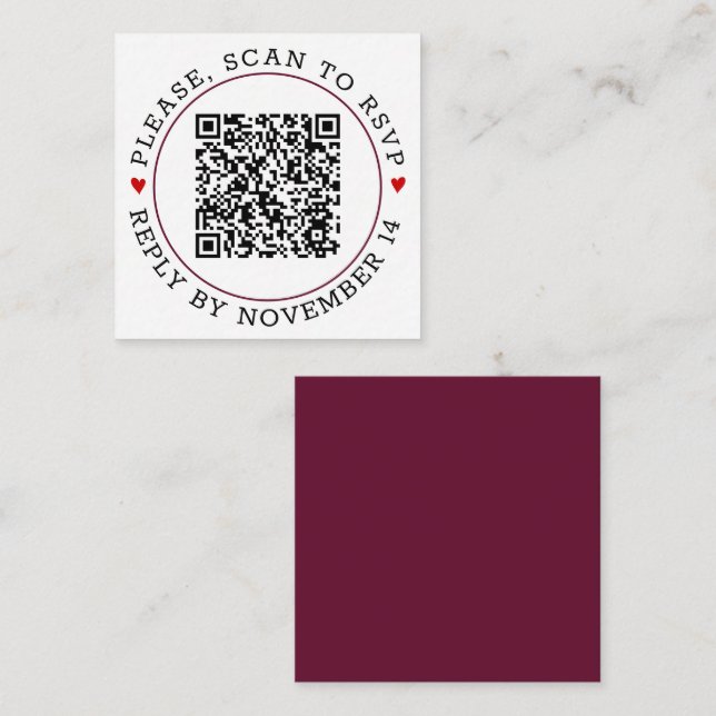 Carte D'accompagnement Code QR RSVP bordure bordeaux avec cœurs mariage (Devant / Derrière)