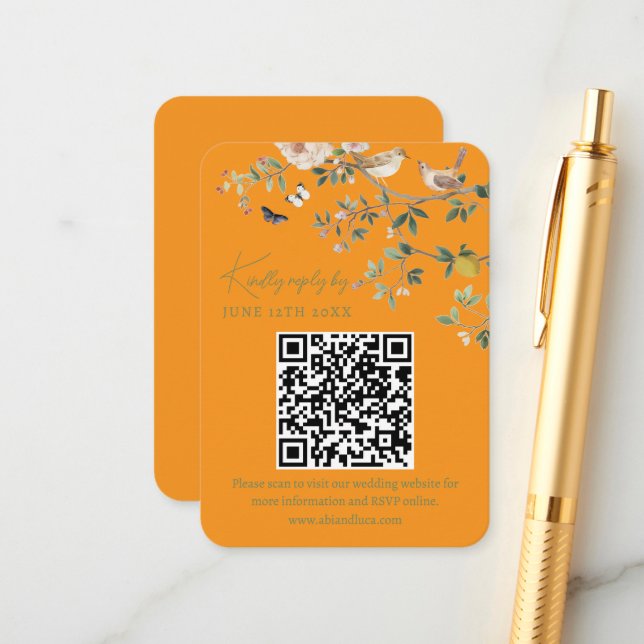 Carte D'accompagnement Code QR RSVP du site Web de mariage en Chinoiserie (Devant/Arrière en situation)