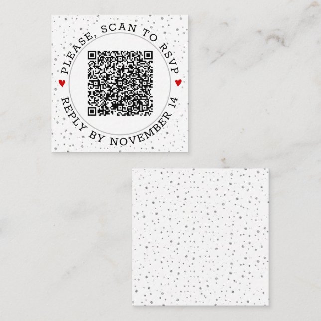Carte D'accompagnement Code QR RSVP frontière grise et confetti argenté (Devant / Derrière)
