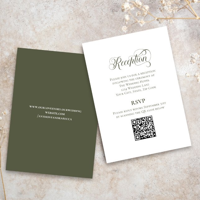 Carte D'accompagnement Code QR RSVP Mariage Calligraphie Vert Olive (Olive green wedding RSVP card with elegant calligraphy and QR code)
