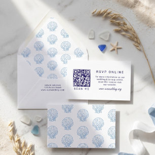 Carte D'accompagnement Code QR RSVP Mariage Coquillage Bleu Blanc Côté Me