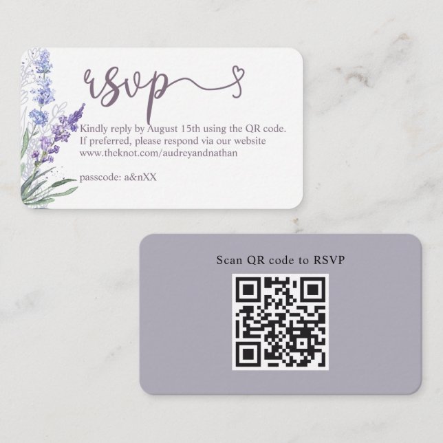 Carte D'accompagnement Code QR RSVP Mariage Élégant Lavande (Devant / Derrière)