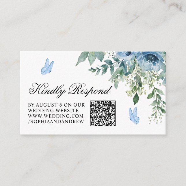 Carte D'accompagnement Code QR RSVP Mariage Fleurs Bleu Poussiéreux (Devant)