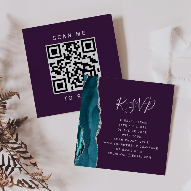 Carte D'accompagnement Code QR RSVP Mariage Teal Silver Agate Purp (Créateur téléchargé)