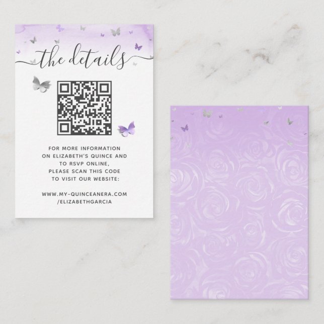 Carte D'accompagnement Code QR RSVP papillon argent violet élégant (Devant / Derrière)