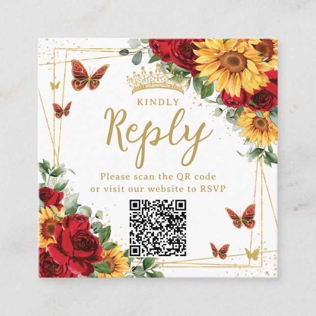 Carte D'accompagnement Code QR RSVP Roses Rouges Tournesols Quinceanera (Devant)
