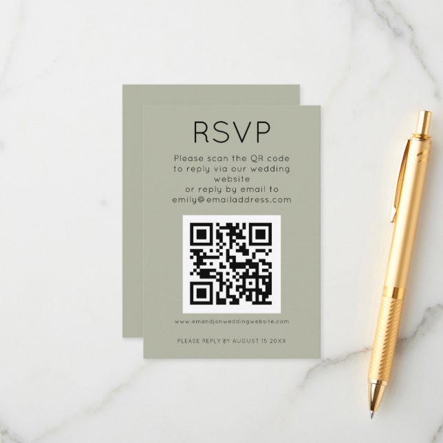 Carte D'accompagnement Code QR simple Soft Sage Wedding RSVP (Devant/Arrière en situation)