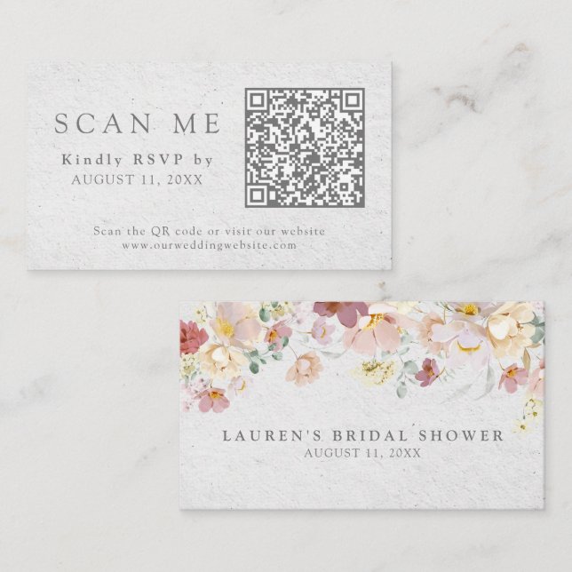 Carte D'accompagnement Code QR & Site Web de Mariage Floral Rose Pâle RSV (Devant / Derrière)