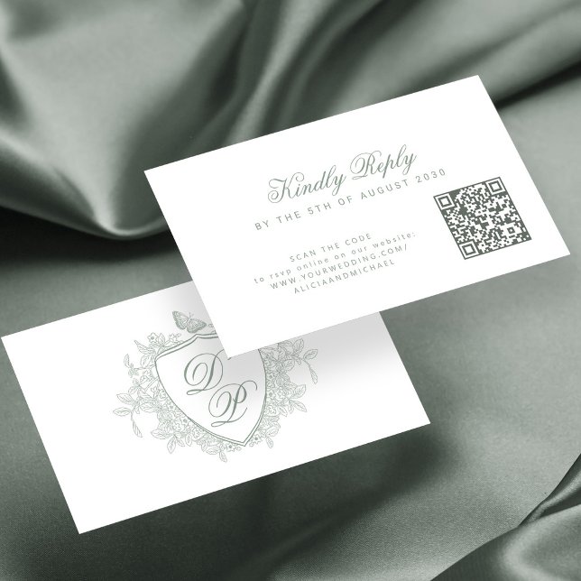 Carte D'accompagnement Code QR site web monogramme vert sauge mariage (Créateur téléchargé)