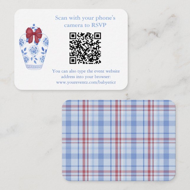 Carte D'accompagnement Code QR Tartan Rouge Bleu Hiver Mariage Réponse RS (Devant / Derrière)