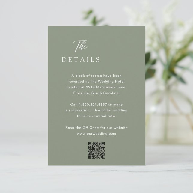 Carte D'accompagnement Code QR Vert Muet Classique Mariage Élégant (Debout devant)