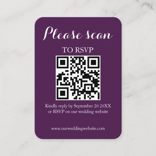 Carte D'accompagnement Code QR violet simple moderne & RSVP de mariage (Devant)
