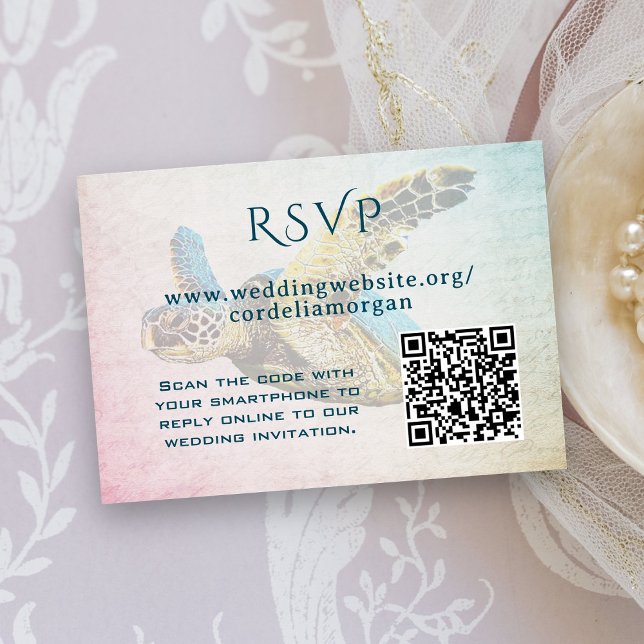 Carte D'accompagnement Code RSVP QR de Mariage de tortue de mer (Créateur téléchargé)