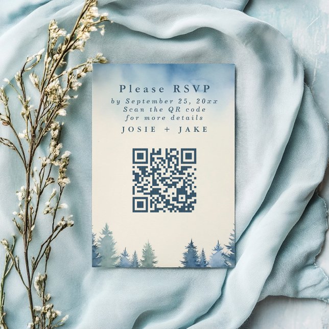 Carte D'accompagnement Code rsvp qr des pins molles (Serene, watercolor design of evergreen trees fading into a soft blue sky, RSVP)