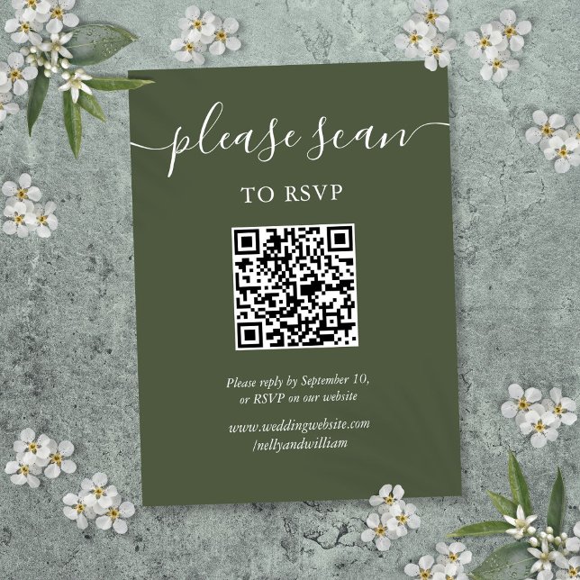 Carte D'accompagnement Code RSVP QR du script élégant vert olive (Olive Green Elegant Script RSVP QR Code Enclosure Card)