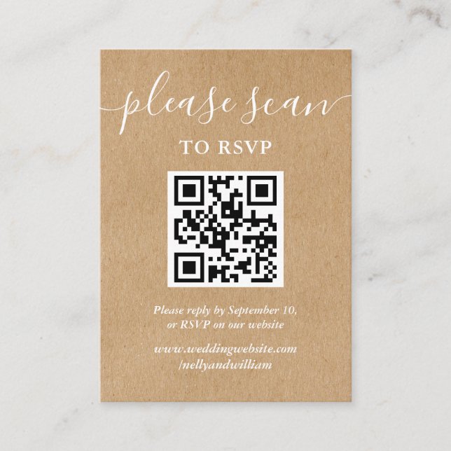 Carte D'accompagnement Code RSVP QR Rustique Script Kraft (Devant)