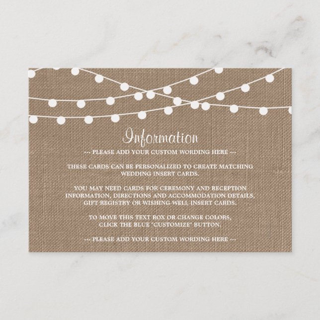 Carte D'accompagnement Collection de Mariages Rustic Burlap (Devant)