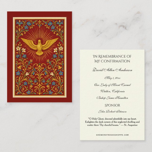 Carte D'accompagnement Colombe de confirmation du sacrement Saint-Esprit (Devant / Derrière)