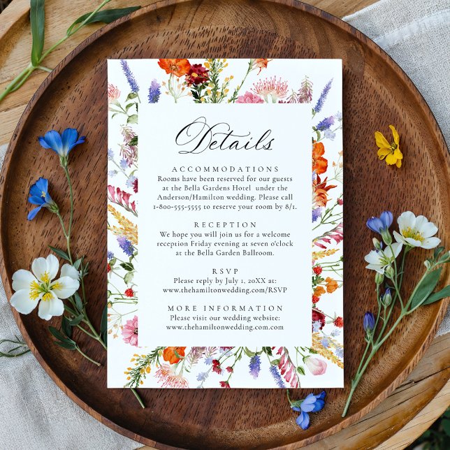 Carte D'accompagnement Colorful Watercolor Wildflowers Wedding Details (Créateur téléchargé)