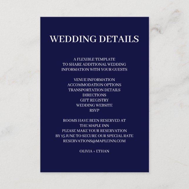 Carte D'accompagnement Conception de mariage minimal scandinave bleu mari (Devant)