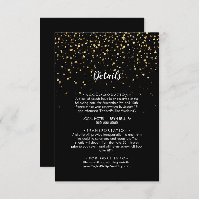 Carte D'accompagnement Confetti d'or | Détails du Mariage noir (Devant / Derrière)