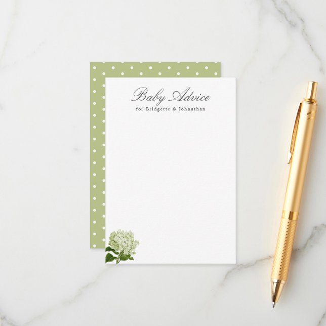 Carte D'accompagnement Conseil bébé Hydrangea blanc et vert (Devant/Arrière en situation)