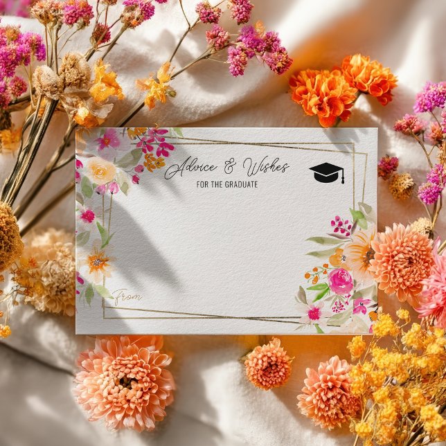Carte D'accompagnement Conseils de graduation fleurie d'été pour l'or (Summer floral gold graduation advice wishes enclosure card)