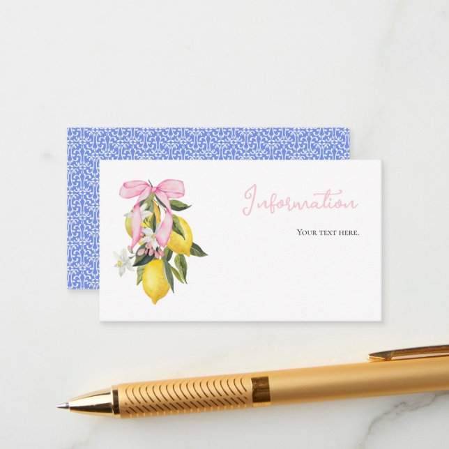 Carte D'accompagnement Coquette citron rose Bow informations sur le baby  (Devant/Arrière en situation)