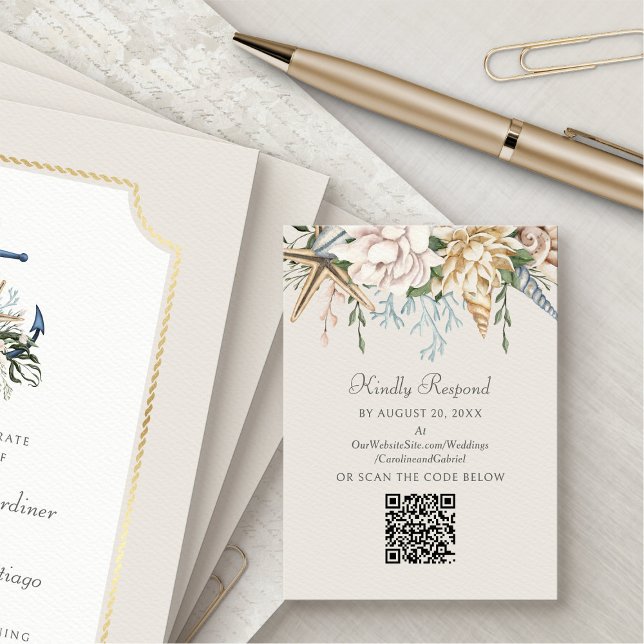 Carte D'accompagnement Coquillages de plage Mariage floral RSVP QR (Créateur téléchargé)