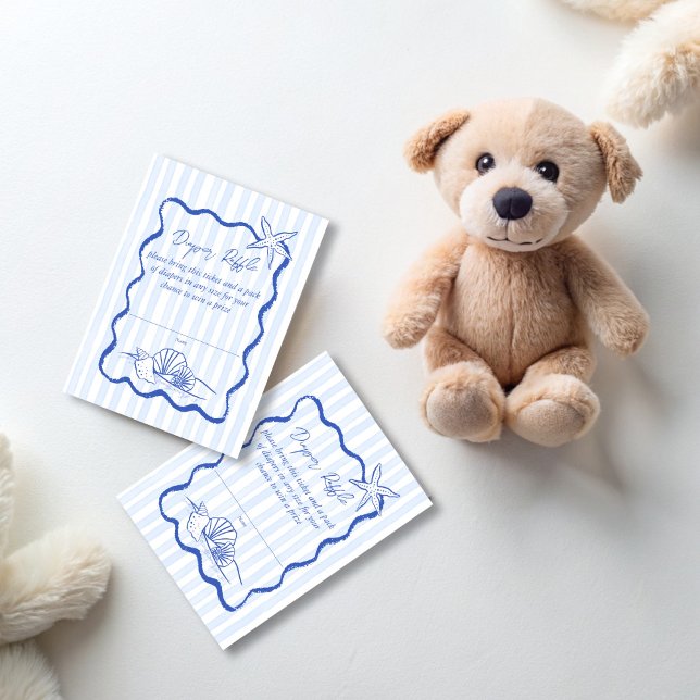 Carte D'accompagnement Coquillages rayures ondulées baby shower tombole d (Seashells wavy handrawn border blue stripes beach nautical baby shower diaper raffle enclosure cards)