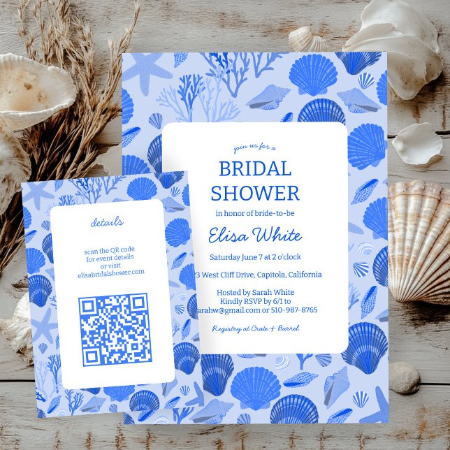 Carte D'accompagnement Coquillages Réception de Mariage Chic Bleu Plage Q (Seashells Bridal Shower Elegant Blue Beach CUSTOMQR code Enclosure Card
)