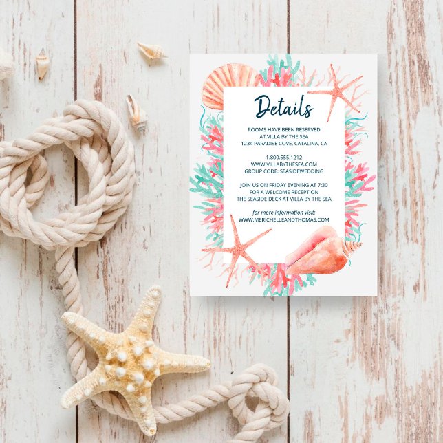 Carte D'accompagnement Corail tropical | Détails du mariage sur la plage (Créateur téléchargé)