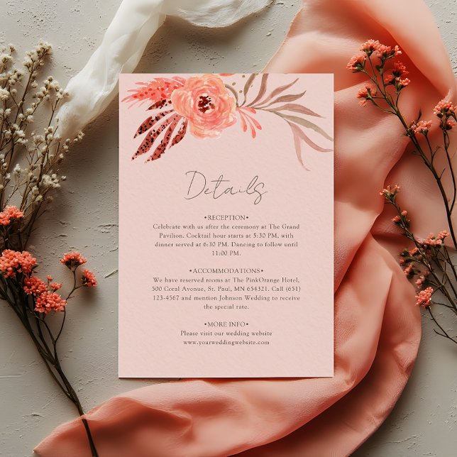 Carte D'accompagnement Coral Pink Orange Floral Wedding Details (Créateur téléchargé)
