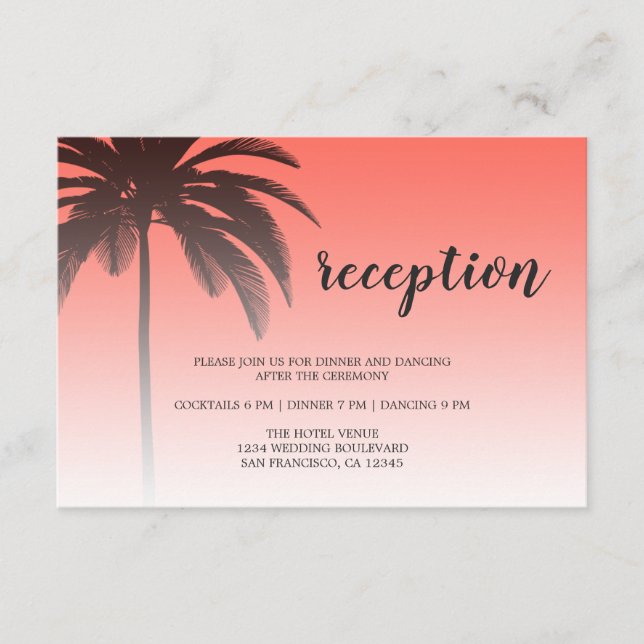 Carte D'accompagnement Coral Tropical Palm Tree Beach Mariage Réception (Devant)