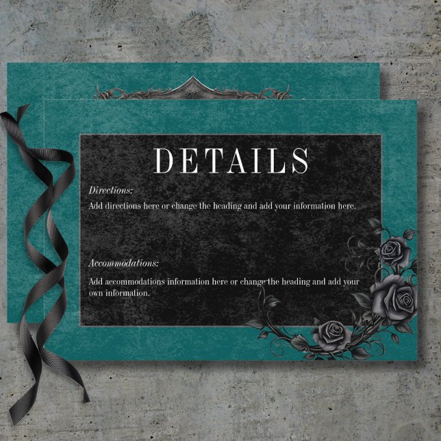 Carte D'accompagnement Corbeau noir gothique & Roses noirs Turquoises Dét (Gothic Black Raven & Black Roses Teal Details Enclosure Card)