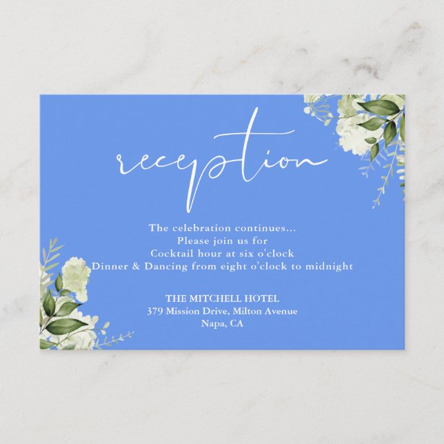 Carte D'accompagnement Cornflower Blue Greenery Script Mariage Réception (Devant)