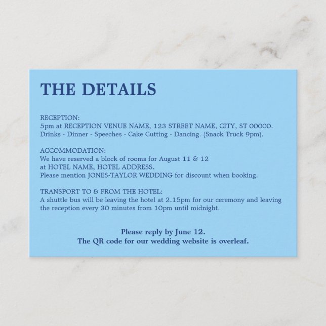 Carte D'accompagnement Cornflower Blue QR Code Détails du Mariage (Devant)