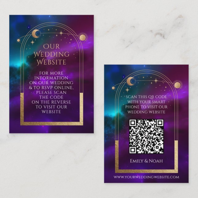 Carte D'accompagnement Cosmic Purple Turquoise Mariage Site Web RSVP QR C (Devant / Derrière)