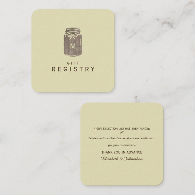 Carte D'accompagnement Country Burlap Mason Jar Registre des cadeaux Mari (Devant / Derrière)