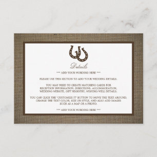 Carte D'accompagnement Country Rustic Horseshoe On Burlap Mariage Détail