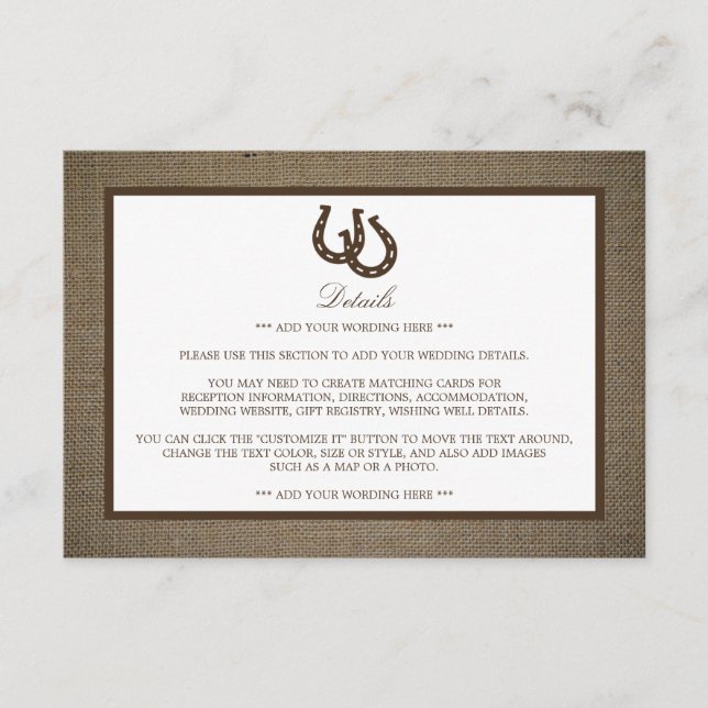 Carte D'accompagnement Country Rustic Horseshoe On Burlap Mariage Détail (Devant)